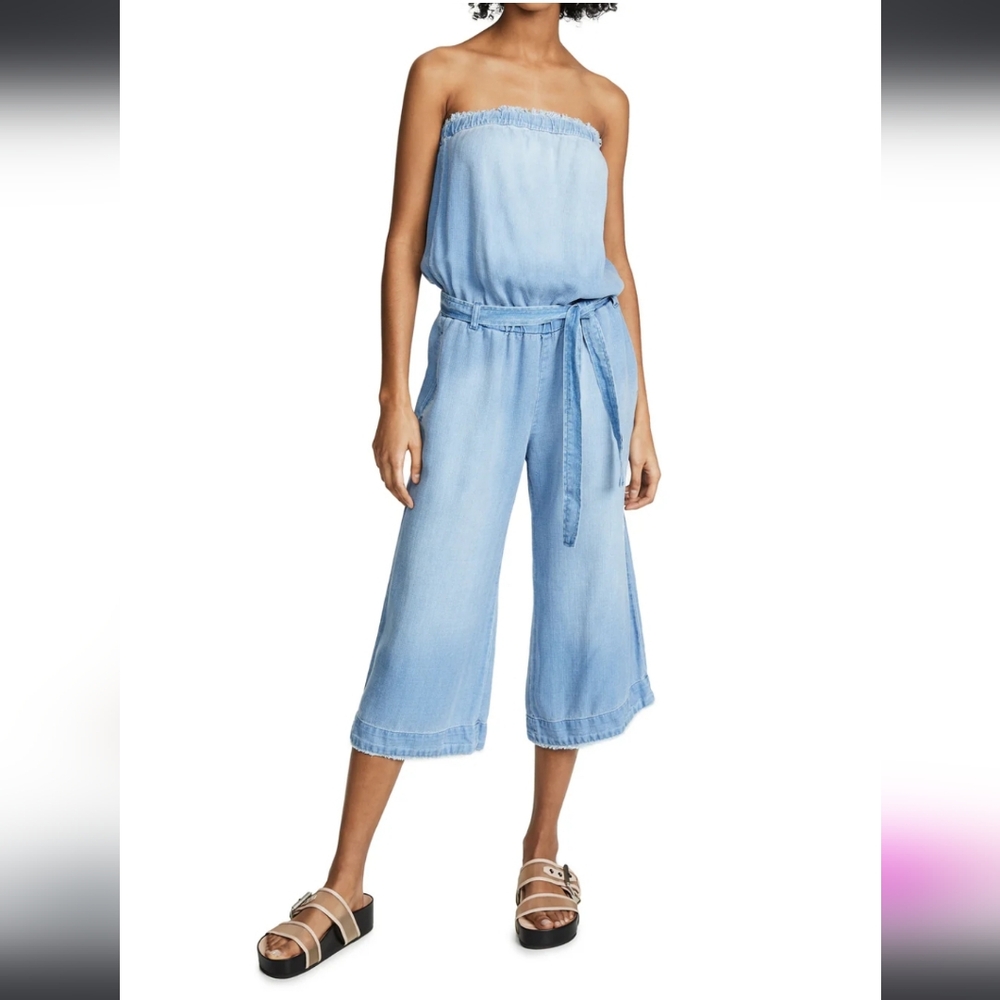 BELLA DAHL STRAPLESS DENIM CHAMBRAY FRAYED TENCEL JUMPSUIT US XS